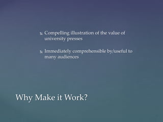  Compelling illustration of the value of
university presses
 Immediately comprehensible by/useful to
many audiences
Why Make it Work?
 