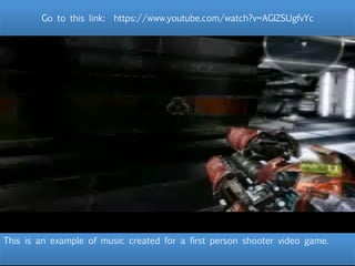 This is an example of music created for a first person shooter video game.
Go to this link: https://www.youtube.com/watch?v=AGIZSUgfvYc
 