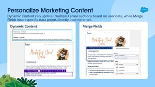Personalize Marketing Content
Dynamic Content can update (multiple) email sections based on user data, while Merge
Fields insert speciﬁc data points directly into the email.
Dynamic Content Merge Fields
 