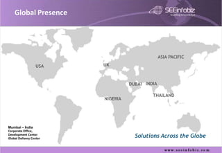 Global Presence




                                                 ASIA PACIFIC

                  USA    UK



                                   DUBAI INDIA

                                            THAILAND
                         NIGERIA




Mumbai – India
Corporate Office,
Development Center
Global Delivery Center
                                     Solutions Across the Globe
 