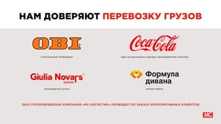 НАМ ДОВЕРЯЮТ ПЕРЕВОЗКУ ГРУЗОВ
100% ГРУЗОПЕРЕВОЗОК КОМПАНИЯ «МС-ЛОГИСТИК» ПРОВОДИТ ПО ЗАКАЗУ КОРПОРАТИВНЫХ КЛИЕНТОВ
строительный гипермаркет
производство кухонь
один из крупнейших мировых производителей напитков
мягкая мебель
 
