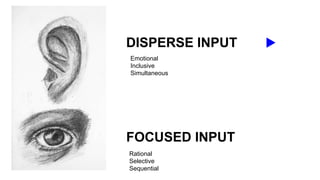 FOCUSED INPUT
DISPERSE INPUT
Emotional
Inclusive
Simultaneous
Rational
Selective
Sequential
 