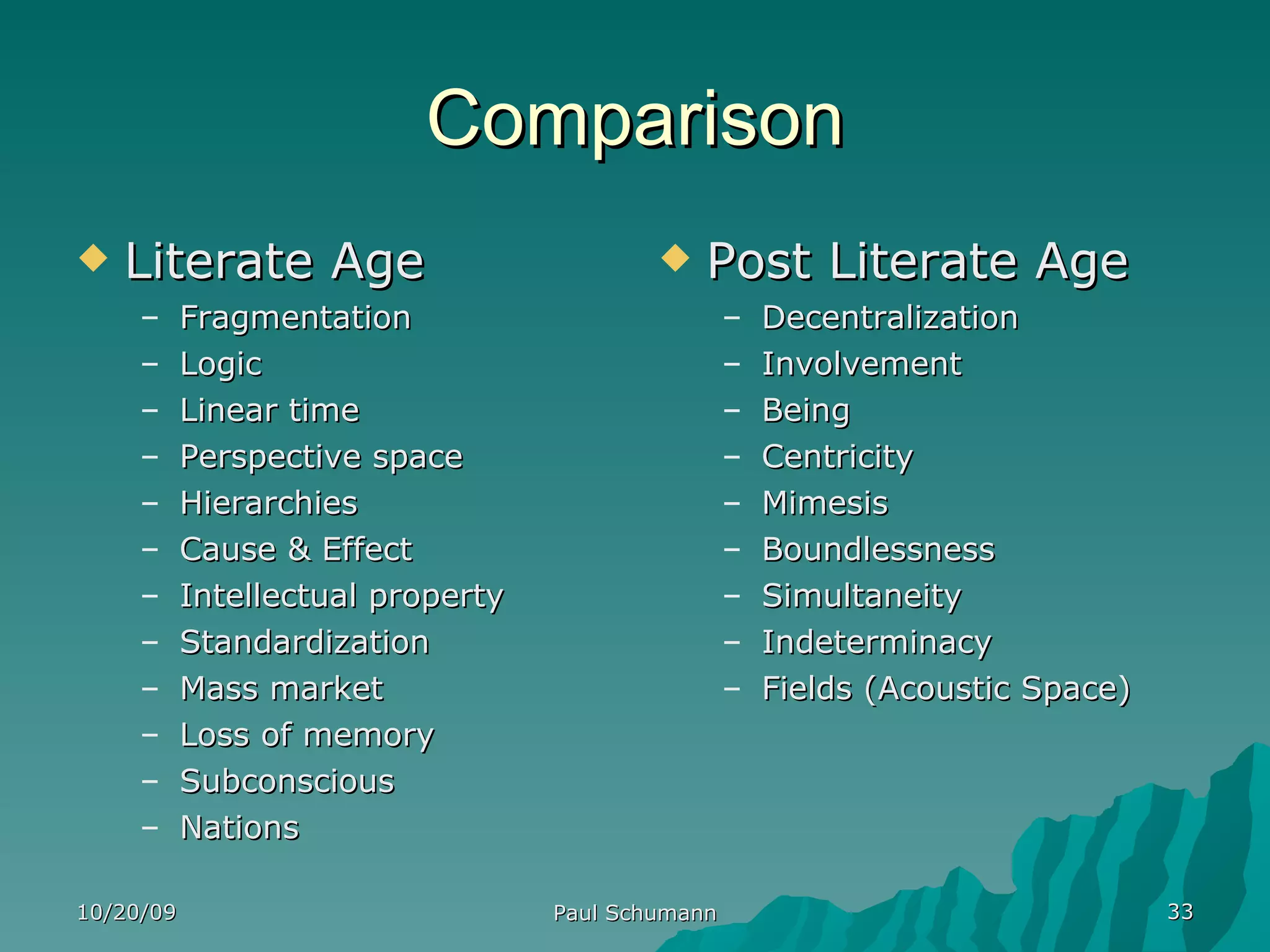 Comparison Literate Age Fragmentation Logic Linear time Perspective space Hierarchies Cause & Effect Intellectual property Standardization Mass market Loss of memory Subconscious Nations Post Literate Age Decentralization Involvement Being Centricity Mimesis Boundlessness Simultaneity Indeterminacy Fields (Acoustic Space) 10/20/09 Paul Schumann 
