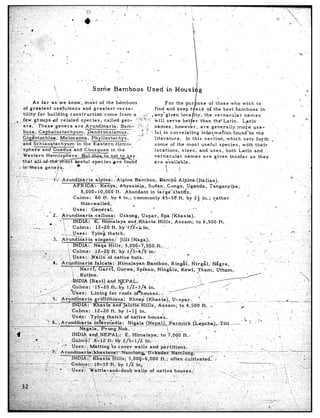 ,I;)

.:-.
              .,                    ,
                                                               Sotie        Barnb&bs            Used       in,Hoy
  .-                                       _                                                                                               -        .
  :.,
 ,,.,’              As far as-‘ve        know,, most         of the bamboos                                                   ose of those           who wish‘to
:I
<          of greatest          usefulnes-s        and greatest’versa-                                                         ck of the best bamboos                     in
5’         tility     for building         construction-come              from     a      :+I-- *                           ty, the vernacular                 names
      o ;.fe,w groups          af related        species,       Falled      gen- ,‘;?i-‘%?:                                 r than       thelLatin.          Latin
  ..r--. __ ,.ZI
  L
         . era;        The,se    genera       are -&rundinaria,            Barn;      $:- .?                                      re generally            rnoie*    use-
                                                      Dendrocalamus;                     @ !’ .* fulV in correlating
                                                                                         1. n                                   info%maeion            *found”&        the
                                                                                      r.;c‘
                                                        Phyllostachys,                ‘:__        literature.          In this     section,       which       sets for,‘h
                  I Schizogtachyum.in,th’e                Eastern      Hemi-         ’ ,          some        of the most       useful        species,       with     their
                              1 Guadu,a      and Chusquea            in the      ’                locations,        sizes,     and uses,         both Latin          and ‘,
                                         ere._l>‘c              4s not-to,z%ay,                   vernacular          names       are given         inspfar       as they
                                                                           Y
   ‘1,;: :th<t aM-of-thF&~~~&zeful                       s&Ties-&,           fo<nd                are a’vailable.


         ..I  r_    ._.                                                                                                                                                            3
       /’ ;/. : ,,,
         k     (1         X-       -I:-,-Arundinaria--
                                                    ~.__     alpina:   L Alpine       ‘Bamboo,       Bamb&       Alpina.(       Italian).
                                                        Z-A:. ‘Kenya;      A-b-yssiiiiia,Sudan,~Congo,                  Uganda,         Tanganyika;.
         :’
         _; .                                      8,000-      lO;ObO ft.     *Abundant         in grge%taria”s.
            ---__.1.- ,.
                                             Culms : 60 ft.,by           4 in.; commonly              45-50      ft. by 2g in.; rather                _’     ’
                         ”      _’
                                                   thin-walled..                   .‘p
                             :.                                                                   s                        -I                                                  D
                  -,       8..          I     Uses:      .General.                                                                                                                            <.
                                                                                                                      :                                                                     .,.I
                               I- ‘O2. Frundinaria           cal’losa:     Uskong.         Uspar,-Spa         (Khasia)..                  -
                                       Y t,   IND-IA:       E. Himalaya~and,l$li6sia~               Hills,,Assam;             to 6,500       ft.
                                   . .    !

                                                           l’png         thatch.
                                                                     .




                                                               .                                                    _~        ,--            -..
                                                         Gti       Garr;;:Gorwa,          Spikso;    Ning&lo,       Kewi,     ;Tham,       Utham,
                                                         :                                                                                                            r                .   ” ‘I




                                                         ia inffrr$edia:           ‘Nigala:    (Nepal)-,+~armi~.k-(-~p.ch~~~-~~ti.~~.                        r 1 - -‘”
                                                                               __ _                                 ‘I
 