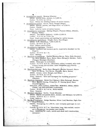 8.      Arundinaria                mannii:            Beneng           (Khasia).                    I’
                                                                                                                                                                                                  
                                                                                   INDIA:            JaintiaHills,              Assam;             to 3,QOb ft.
                                                                                   Culms:             To 30 ft. by l/2                   in.
                                                                                   Uses:           Withes         for binding              frames          of native            houses.’
                                                                   9.      Arundinaria                prainii:           Kevva,          Keva,        Sampit         (Naga).
                                                                                   INDIA:            Khasia,          Jaintia,        and Naga Hills:                     to 9,500 ft.                  ’
                                                                                   Culms:             Slender.
                                                                                   Uses : Lath for walls                          of native           houses..
                                                                   10.       Arundinaria                 racemosa:               Maling          (Nepal),,         Phyeum             Miknu,          Mheem,             ’
                                                                                           Pheong,          Pithiu.
                                                                   .               NEPAL                and INDIA             (Sikkim):              6,000-12,000                ft.
                                                                                   c&-Is          : 5-15           ft. by 7/10-l               in.
                                                                                   Uses:           Roof construction                      and matting              for native            houses.
                                                                   11.      .Arundinaria                 spathiflor’a:             Ring&l,           Garu,       Dee-Ningal.
                                                                                    INDIA:            N..W. Himalaya;                   7,000-9,000              ft.
                                                                                   Culms:             23-30        ft. ,by l$ in.
                                                                                    Uses:          House         construction.
                                                                   12.       Arundinaria                 wightiana:             Chevari.
                                                                             ’ ..INDIA:               Southern            and western               parts;        especially             abund.ant          on the
                                                                                           Nilgiris.
                                                                                                       lo-15       ft. by 1 in.                                                    .-      -.
                                                                                    GuLms:
                                                                                                                                                               .- / -_-
                                                                                    Uses : Matting.                                .“.‘!                                                             ,
                                                         ‘1; 13.              Bambusa              arundin”acea:                T@rr$&~boo,Berua,                                   ‘Kata,      Koto      (Assam),
                                                                                           Ily, Mulu           .(MaMyx           Bans,        Behor          Bans          (Bengali),           Mulkas,         Vedru
                                                                                           (Telugu).(Mundgay’                     (Bombay).
                                                                                    INDIA .- Pantr epic                     in cultivation.
                                                                                    Culp-&             To 75 ft. by ‘6 in; c&mmonly                                rather          crooked;           only mod-
                                                    ,.                 -
                                                                                           erately         strong          and durable:               lower-       bii                  very       thorny.
                                                         .’                                                                                                                                   1’                   s
                                                                                    Uses:           General.                                                            f i
                                                                   14.        Bambusa-balcooa:                         Balku        Bans        (Bengali),                 aluka       (Assam),           Boro-
                                                                                           bans,        Sil B&ua,             Teli       Barua,         Wa J .‘h, Beru,                   Betwa.            ,-
                                                                                 ‘INDIA:              Assam,           lower        Bengal,           and Bihar.                                                           .
                                                                                                                                                                                1           li s
                                                                                    @ulms:             50~70 ft. by 3-6 in.
                                                                                    .Uses; :. General;                  “kest       and strongest                 for building              purposes”                   2-
                                                                                                                                                                              .
                                                                                           (Gamble).                                                         .
                                                                                                                                                 ‘
                                                                   15.        Bambusa              blumeana:                Buloh        Duri      ‘(Malay),           Kida       (Semang),            Bambu
                                                                                                                                                                                                                      ix


                                                              .i                                                                                                                       INDIA;-INDO-
                                                                                                                                                                                                 .I _ 1

                                                                                                                                                                                                  __ I .,.-
              ---T.                                                        Uses:       Genefal.
                      -             *                      16. Barn-b&a             .khasi.ana:        Serim,         Tyrah      (Khasia).
                                “                                         INDIA:       Khfsia       and Jaintia          Hills,    Assam,         and Manipur;’          to 4,000      ft.
                                         ‘,                                                                                                                                                                                         -
                                              ‘                          Culms     : 3 ‘-40 ft. by l-‘1.              2/5 in.
                                                    . i                 US~%L~~         s eral.             I
                      ..$                                                                                                                                                                                                               .
                                                        ‘x         Bamhusa          multiplex:          Hedg‘e       Bamboo,         Silver       L-daf Bamboo,           Ngau     Kan
                                                          
                                                                   .>A. ‘-     Chuve).
                                                                 * I -INA:               ,Kwangtung;.        to 1,000 ft.: now virtually                     pantropic        in cul-           -
                _’
                                                                               f&tion.                                                                                                                                          /
.’   --sl.       ._                                          _/.
             i ,!          >                            k.               Culms$*~30                ft. byi       in.i-*~- internodes         long,     thin-walled;         resist-
                                                                               ant to Dinoderus,             the powder            post beetle.
     <
                                                                          Uses:        Sheathing       for roofs,          wattle-and-dbub              wallconstruction.
                                                                                                                                                                                -.-                                            ,”
                                                                               (Jamaica.        f                                                                                          -~_ -...-                           1
                               _’
                                                                                                        I   >                                                                                                                       ----- .-
 