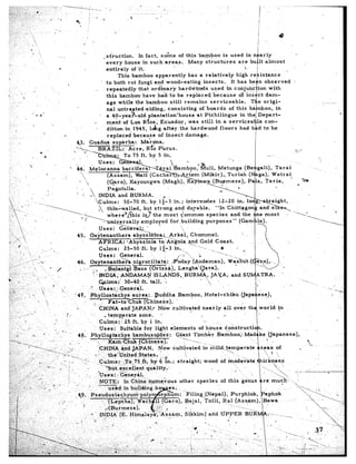 ‘.       ,
                                            - ._
                                                        .I
                                                                   -struction.           In fact,     so&e       of this bamboo             is used               r ly
                                                                                                                                                           in r L a
                                                                     every       house     in such areas.             Many      structures           are br 1 1t almost
                                                                                                                                                                 i
                                            i                        entirely       of it.                                                               
                                                                             This bamboo          apparently          has a relatively              high re         stance
ii
                                                    I                to both rot fungi            and wood-eating             insects.           It has be           observed       i
.                                                             _      repeatedly          that ordinary           hardv?oods        used       in conjuno            n with
                           .
.              : .$                                                  this bamboo           have hid. to be replaced’because                          of.insl          dam-
         ..-                                                         age whiIe         the bamboo          still    remains        serviceable.              Tl     origi-
    ‘.                                                                                                                                                              100, in
                                                                     nal untr        atedssiding,         consisting        of boards           of this bh
                      * 1(1
                          g”                                     . a 40-year-old   4sl        plantation’house            at Pichilingue              in the        epart-
.’ _                                    0                    -       meht       of Los Rios;         ,Ecuador,        was still       in a serviceat                 con-
                       I
                                                               I      d&ion      in 394’5, l&g         after      the hardwood           floors       had he        to be       ”
                                    L
                                                D                     r.eplacedbecause              of insect        damage.
                                                                                                                 --




         -.       :        ,




                                                               INDIA       and BURMA.                 d L
                                                                              50-70 ft. by         l$-3   in.;
 