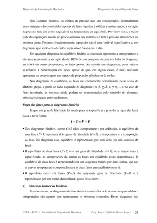 Materiais de Construção Mecânica Diagramas de Equilíbrio de Fases
UFPA – ITEC – Faculdade de Engenharia Mecânica Prof. Jorge Teófilo de Barros Lopes 24
Nos sistemas binários, os efeitos da pressão não são considerados. Normalmente
esses sistemas são constituídos apenas de fases líquidas e sólidas, e assim sendo, a variação
da pressão tem um efeito negligível na temperatura de equilíbrio. Por outro lado, a maior
parte das operações usadas no processamento dos materiais é feita à pressão atmosférica ou
próxima desta. Portanto, freqüentemente, a pressão não é uma variável significativa e, nos
diagramas que serão considerados, a pressão é fixada em 1 atm.
Em qualquer diagrama de equilíbrio binário, a ordenada representa a temperatura e a
abscissa representa a variação desde 100% de um componente, em um lado do diagrama,
até 100% do outro componente, no lado oposto. Na maioria dos diagramas, esses valores
se referem à porcentagem em peso, apesar de que, em alguns casos, é mais relevante
apresentar as porcentagens em termos de proporção atômica ou de moles.
Nos diagramas de equilíbrio, as fases são comumente denominadas pelas letras do
alfabeto grego, a partir do lado esquerdo do diagrama (α, β, χ, δ, ε, γ, η, ...); no caso de
fases terminais, as mesmas ainda podem ser representadas pelo símbolo do elemento
principal colocado entre parênteses.
Regra das fases para os diagramas binários
Já que um grau de liberdade foi usado para se especificar a pressão, a regra das fases
passa a ter a forma:
PFC1 ++++====++++
• Nos diagramas binários, como C=2 (dois componentes) por definição, o equilíbrio de
uma fase (P=1) apresenta dois graus de liberdade (F=2): a temperatura e a composição
da fase. No diagrama esse equilíbrio é representado por uma área (ou um domínio de
fase).
• O equilíbrio de duas fases (P=2) tem um grau de liberdade (F=1); se a temperatura é
especificada, as composições de ambas as fases em equilíbrio estão determinadas. O
equilíbrio de duas fases é representado em um diagrama binário por duas linhas, que são
as curvas temperatura-composição para as duas fases em equilíbrio entre si.
• O equilíbrio entre três fases (P=3) não apresenta grau de liberdade (F=0) e é
representado por um ponto, denominado ponto invariante.
a) Sistemas isomorfos binários
Possivelmente, os diagramas de fases binários mais fáceis de serem compreendidos e
interpretados são aqueles que representam os sistemas isomorfos. Esses diagramas são
 