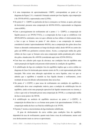 Materiais de Construção Mecânica Diagramas de Equilíbrio de Fases
UFPA – ITEC – Faculdade de Engenharia Mecânica Prof. Jorge Teófilo de Barros Lopes 30
• A uma temperatura de aproximadamente 1300ºC, correspondente ao ponto a’ no
diagrama da Figura 2.11, o material é formada somente por fase líquida, cuja composição
é de 35%Ni-65%Cu, representada como L(35Ni).
• No ponto b’ (~ 1260ºC) as partículas da fase α começam a se formar, as quais, pela regra
da horizontal, possuem uma composição de 46%Ni-54%Cu, representado no diagrama
como α(46Ni).
• Com o prosseguimento do resfriamento até o ponto c’ (~ 1240ºC), a composição do
líquido passou a ser 29%Ni-71%Cu, e a composição da fase α que se solidificou é de
40%Ni-60%Cu; entretanto, uma vez que a difusão na fase sólida α é relativamente lenta,
a fase α que se formou no ponto b’ não alterou a sua composição de maneira
considerável (ainda é aproximadamente 46%Ni), mas a composição dos grãos dessa fase
foram se alterando continuamente ao longo da direção radial, desde 46%Ni no centro dos
grãos até 405Ni nos perímetros externos destes. Assim, a composição média dos grãos
sólidos da fase α que se formam seria uma composição média ponderada pelo volume
dos grãos, situada entre 46 e 40%Ni (considerada aqui como 42%Ni-58%Cu).
• Com base nos cálculos pela regra da alavanca, nas condições fora de equilíbrio uma
maior proporção de líquido está presente relativamente às condições de equilíbrio.
• A solidificação da liga em condições fora do equilíbrio implica que a curva solidus no
diagrama de fases foi deslocada para maiores teores de Ni, e está representada pela linha
tracejada. Não existe uma alteração equivalente na curva liquidus, uma vez que se
admitiu que o equilíbrio é mantido na fase líquida durante o resfriamento, como
resultado de taxas de difusão suficientemente altas nessa fase.
• No ponto d’ (~1220ºC) e para taxas de resfriamento em condições de equilíbrio, a
solidificação deve estar completada; todavia, para a condição de solidificação fora do
equilíbrio, ainda existe uma proporção apreciável de líquido remanescente no sistema, e
a fase α que está se formando possui uma composição de 35%Ni, e a composição média
da fase α neste ponto é de 38%Ni.
• A solidificação na ausência de equilíbrio encerra-se no ponto e’ (~1205ºC). A
composição da última fase α a se formar neste ponto é de aproximadamente 31%Ni, e a
composição média da fase α ao final da solidificação é de 35%Ni.
• O ponto f’ mostra a microestrutura da liga totalmente solidificada.
O grau de deslocamento da curva solidus para condições fora do equilíbrio
dependerá da taxa de resfriamento; quanto mais lenta a taxa de resfriamento, menor será
esse deslocamento (mais as curvas se aproximam).
 