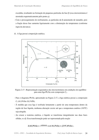 Materiais de Construção Mecânica Diagramas de Equilíbrio de Fases
UFPA – ITEC – Faculdade de Engenharia Mecânica Prof. Jorge Teófilo de Barros Lopes 39
excedida, resultando na formação de pequenas partículas da fase β (essa microestrutura é
mostrada esquematicamente pelo ponto g).
- Com o prosseguimento do resfriamento, as partículas de β aumentarão de tamanho, pois
a fração dessa fase aumenta ligeiramente com a diminuição da temperatura (conforme
regra da alavanca).
iii. A liga possui composição eutética.
Figura 2.17 - Representação esquemática das microestruturas em condições de equilíbrio
para uma liga Pb-Sn com composição C3.
- Para o diagrama Pb-Sn, apresentado na Figura 2.17, a liga eutética possui a composição
C3 (61,9%Sn-18,1%Pb).
- À medida que essa liga é resfriada lentamente a partir de uma temperatura dentro da
região de fase líquida, nenhuma alteração ocorre até que a temperatura eutética (183ºC)
seja atingida.
- Ao cruzar a isoterma eutética, o líquido se transforma integralmente nas duas fases
sólidas, α e β. Essa transformação pode ser representada pela reação
)Sn%8,97()Sn%3,18()Sn%9,61(L toresfriamen
βα ++++ →→→→ ,
 