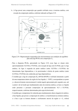 Materiais de Construção Mecânica Diagramas de Equilíbrio de Fases
UFPA – ITEC – Faculdade de Engenharia Mecânica Prof. Jorge Teófilo de Barros Lopes 41
iv. A liga possui uma composição que quando resfriada cruza a isoterma eutética, com
exceção da composição eutética, conforme indicado na Figura 2.19.
Figura 2.19 - Representação esquemática das microestruturas em condições de equilíbrio
para uma liga Pb-Sn com composição C4.
- Para o diagrama Pb-Sn, apresentado na Figura 2.19, essas ligas se situam entre
aproximadamente 18,3%Sn e 97,8%Sn, com exceção da liga com 61,9%Sn, que é a liga
eutética. As ligas à esquerda do ponto eutético (entre 18,3%Sn e 61,9%Sn) são
denominadas ligas hipoeutéticas, e às posicionadas à direita do ponto eutético (entre
61,9%Sn e 97,8%Sn) são conhecidas por ligas hipereutéticas.
- À medida que a liga de composição C4 (40%Sn-60%Pb) é resfriada lentamente a partir
de uma temperatura dentro da região de fase líquida (~ 310ºC), correspondente ao ponto
j, o desenvolvimento microestrutural é similar àquele apresentado pelo segundo caso, até
o ponto l; de tal modo que imediatamente antes da isoterma eutética, as fases α e líquida
estão presentes e possuem composições de aproximadamente 18,3 e 61,9%Sn,
respectivamente, conforme determinadas pela regra da horizontal.
- À medida que a temperatura for reduzida para imediatamente abaixo daquela do eutético,
a fase líquida, que possui a composição do eutético, se transformará na estrutura eutética;
e a fase α que se formou durante o resfriamento através da região α + L, sofrerá
 