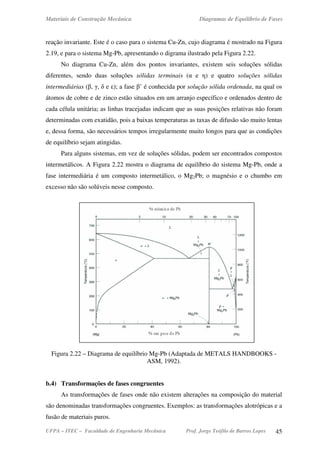 Materiais de Construção Mecânica Diagramas de Equilíbrio de Fases
UFPA – ITEC – Faculdade de Engenharia Mecânica Prof. Jorge Teófilo de Barros Lopes 45
reação invariante. Este é o caso para o sistema Cu-Zn, cujo diagrama é mostrado na Figura
2.19, e para o sistema Mg-Pb, apresentando o digrama ilustrado pela Figura 2.22.
No diagrama Cu-Zn, além dos pontos invariantes, existem seis soluções sólidas
diferentes, sendo duas soluções sólidas terminais (α e η) e quatro soluções sólidas
intermediárias (β, γ, δ e ε); a fase β’ é conhecida por solução sólida ordenada, na qual os
átomos de cobre e de zinco estão situados em um arranjo específico e ordenados dentro de
cada célula unitária; as linhas tracejadas indicam que as suas posições relativas não foram
determinadas com exatidão, pois a baixas temperaturas as taxas de difusão são muito lentas
e, dessa forma, são necessários tempos irregularmente muito longos para que as condições
de equilíbrio sejam atingidas.
Para alguns sistemas, em vez de soluções sólidas, podem ser encontrados compostos
intermetálicos. A Figura 2.22 mostra o diagrama de equilíbrio do sistema Mg-Pb, onde a
fase intermediária é um composto intermetálico, o Mg2Pb; o magnésio e o chumbo em
excesso não são solúveis nesse composto.
Figura 2.22 – Diagrama de equilíbrio Mg-Pb (Adaptada de METALS HANDBOOKS -
ASM, 1992).
b.4) Transformações de fases congruentes
As transformações de fases onde não existem alterações na composição do material
são denominadas transformações congruentes. Exemplos: as transformações alotrópicas e a
fusão de materiais puros.
 