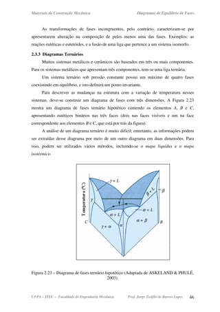 Materiais de Construção Mecânica Diagramas de Equilíbrio de Fases
UFPA – ITEC – Faculdade de Engenharia Mecânica Prof. Jorge Teófilo de Barros Lopes 46
As transformações de fases incongruentes, pelo contrário, caracterizam-se por
apresentarem alteração na composição de pelos menos uma das fases. Exemplos: as
reações eutéticas e eutetóides, e a fusão de uma liga que pertence a um sistema isomorfo.
2.3.3 Diagramas Ternários
Muitos sistemas metálicos e cerâmicos são baseados em três ou mais componentes.
Para os sistemas metálicos que apresentam três componentes, tem-se uma liga ternária.
Um sistema ternário sob pressão constante possui um máximo de quatro fases
coexistindo em equilíbrio, e isto definirá um ponto invariante.
Para descrever as mudanças na estrutura com a variação de temperatura nesses
sistemas, deve-se construir um diagrama de fases com três dimensões. A Figura 2.23
mostra um diagrama de fases ternário hipotético contendo os elementos A, B e C,
apresentando eutéticos binários nas três faces (dois nas faces visíveis e um na face
correspondente aos elementos B e C, que está por trás da figura).
A análise de um diagrama ternário é muito difícil; entretanto, as informações podem
ser extraídas desse diagrama por meio de um outro diagrama em duas dimensões. Para
isso, podem ser utilizados vários métodos, incluindo-se o mapa liquidus e o mapa
isotérmico.
Figura 2.23 – Diagrama de fases ternário hipotético (Adaptada de ASKELAND & PHULÉ,
2003).
 