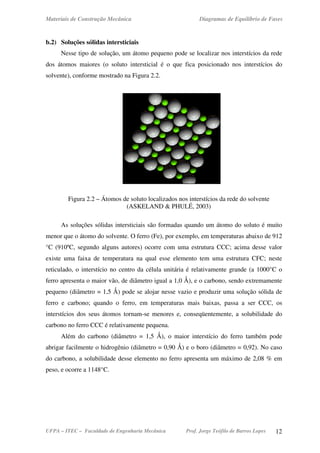 Materiais de Construção Mecânica Diagramas de Equilíbrio de Fases
UFPA – ITEC – Faculdade de Engenharia Mecânica Prof. Jorge Teófilo de Barros Lopes 12
b.2) Soluções sólidas intersticiais
Nesse tipo de solução, um átomo pequeno pode se localizar nos interstícios da rede
dos átomos maiores (o soluto intersticial é o que fica posicionado nos interstícios do
solvente), conforme mostrado na Figura 2.2.
Figura 2.2 – Átomos de soluto localizados nos interstícios da rede do solvente
(ASKELAND & PHULÉ, 2003)
As soluções sólidas intersticiais são formadas quando um átomo do soluto é muito
menor que o átomo do solvente. O ferro (Fe), por exemplo, em temperaturas abaixo de 912
°C (910ºC, segundo alguns autores) ocorre com uma estrutura CCC; acima desse valor
existe uma faixa de temperatura na qual esse elemento tem uma estrutura CFC; neste
reticulado, o interstício no centro da célula unitária é relativamente grande (a 1000°C o
ferro apresenta o maior vão, de diâmetro igual a 1,0 Ǻ), e o carbono, sendo extremamente
pequeno (diâmetro = 1,5 Ǻ) pode se alojar nesse vazio e produzir uma solução sólida de
ferro e carbono; quando o ferro, em temperaturas mais baixas, passa a ser CCC, os
interstícios dos seus átomos tornam-se menores e, conseqüentemente, a solubilidade do
carbono no ferro CCC é relativamente pequena.
Além do carbono (diâmetro = 1,5 Ǻ), o maior interstício do ferro também pode
abrigar facilmente o hidrogênio (diâmetro = 0,90 Ǻ) e o boro (diâmetro = 0,92). No caso
do carbono, a solubilidade desse elemento no ferro apresenta um máximo de 2,08 % em
peso, e ocorre a 1148°C.
 