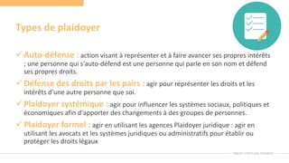 Types de plaidoyer
Auto-défense : action visant à représenter et à faire avancer ses propres intérêts
; une personne qui s'auto-défend est une personne qui parle en son nom et défend
ses propres droits.
Défense des droits par les pairs : agir pour représenter les droits et les
intérêts d'une autre personne que soi.
Plaidoyer systémique : agir pour influencer les systèmes sociaux, politiques et
économiques afin d'apporter des changements à des groupes de personnes.
Plaidoyer formel : agir en utilisant les agences Plaidoyer juridique : agir en
utilisant les avocats et les systèmes juridiques ou administratifs pour établir ou
protéger les droits légaux
 