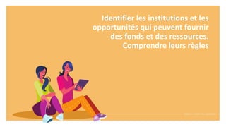 Identifier les institutions et les
opportunités qui peuvent fournir
des fonds et des ressources.
Comprendre leurs règles
 