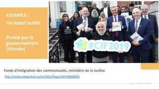 EXEMPLE :
Un appel public
Publié par le
gouvernement
(Irlande)
Fonds d'intégration des communautés, ministère de la Justice
http://www.integration.ie/en/ISEC/Pages/WP18000024
 