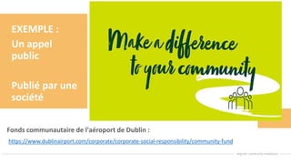 EXEMPLE :
Un appel
public
Publié par une
société
Fonds communautaire de l'aéroport de Dublin :
https://www.dublinairport.com/corporate/corporate-social-responsibility/community-fund
 