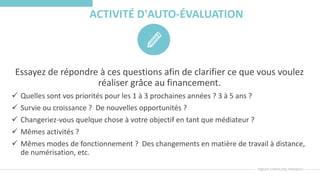 Essayez de répondre à ces questions afin de clarifier ce que vous voulez
réaliser grâce au financement.
 Quelles sont vos priorités pour les 1 à 3 prochaines années ? 3 à 5 ans ?
 Survie ou croissance ? De nouvelles opportunités ?
 Changeriez-vous quelque chose à votre objectif en tant que médiateur ?
 Mêmes activités ?
 Mêmes modes de fonctionnement ? Des changements en matière de travail à distance,
de numérisation, etc.
ACTIVITÉ D'AUTO-ÉVALUATION
 