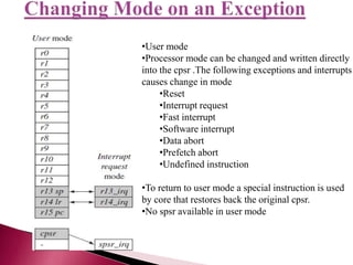 •User mode
•Processor mode can be changed and written directly
into the cpsr .The following exceptions and interrupts
causes change in mode
•Reset
•Interrupt request
•Fast interrupt
•Software interrupt
•Data abort
•Prefetch abort
•Undefined instruction
•To return to user mode a special instruction is used
by core that restores back the original cpsr.
•No spsr available in user mode
 