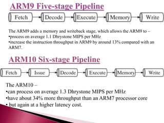 The ARM9 adds a memory and writeback stage, which allows the ARM9 to –
•process on average 1.1 Dhrystone MIPS per MHz
•increase the instruction throughput in ARM9 by around 13% compared with an
ARM7.
ARM10 Six-stage Pipeline
The ARM10 –
•can process on average 1.3 Dhrystone MIPS per MHz
•have about 34% more throughput than an ARM7 processor core
• but again at a higher latency cost.
 