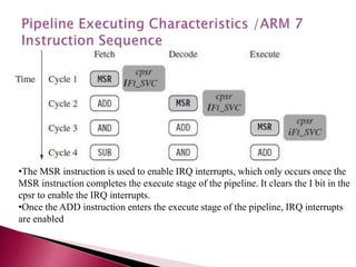 •The MSR instruction is used to enable IRQ interrupts, which only occurs once the
MSR instruction completes the execute stage of the pipeline. It clears the I bit in the
cpsr to enable the IRQ interrupts.
•Once the ADD instruction enters the execute stage of the pipeline, IRQ interrupts
are enabled
 