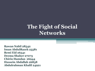 The Fight of Social Networks RawanNabil 28542 ImanAbdulRazek 25581 RemiEid 26541 DeemaShaher 27073 ChirinHamdan  26944 Hussein Abdallah 26838 AbdulrahmanKhalil 24921 