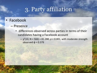 3. Party affiliation
• Facebook
  – Presence
    • differences observed across parties in terms of their
      candidates ...