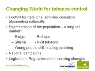 www.hertsdirect.org
Changing World for tobacco control
• Footfall for traditional smoking cessation
plummeting nationally
...