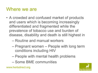 www.hertsdirect.org
Where we are
• A crowded and confused market of products
and users which is becoming increasingly
diff...