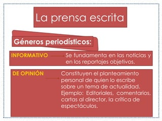 La prensa escrita	El periodismo escrito alcanza, por su forma, a un menor número de personas que los otros medios de comunicación y exige mayor atención para captar el mensaje. 