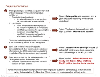 Project performance
15
The big data engine identified and qualified product
and services gaps in the customer's product
portfolio by:
• The single view of customer
• Knowing all the products and services
the customer used across the bank
• Data fusion
• Made inferences about what products
the customer might have at competitors
• Identified opportunities for expanding the
customer's product portfolio
• Identified the geographical locations
where sales activity should focus
Distributed probability-ranked sales opportunities to
1,300 branches by means of the CRM system
Sales staff could now have very specific
conversations with their customers given detailed
information in the CRM system (personalization).
Knowledge of the bank's products also improved
Sales were captured by the sales person into the
CRM system against an identified item
• Validation by finance was important because
bonuses are paid on sales
Measurement: Sales strike rate was
nearly 1 in 2 (over 40%), enabling
$94.95 million in value in six months
Notes: Addressed the strategic issues of
sales staff not knowing their customers,
and not knowing the bank's products
Notes: The bank's data was fused with
eight qualified* external data sources
*Qualified with respect to data quality
Notes: Data quality was assessed and a
year-long data cleansing initiative was
undertaken
Great financial outcomes (1) were driven by improved customer centricity (2), in turn enabled
by big data analytics (3). Note that (3) produces no business value without action
1
2
3
 