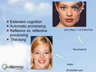 The interbrain
¡  Extended cognition
¡  Automatic processing
                               Jerry Ryan, 7 of 9 StarTrek
¡  Reflexive vs. reflective
    processing
¡  ‘The borg’

                                       Neurotypical




                                 Aspie

                                 Brookdale care
 