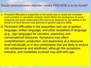 Social communication disorder: where PDD-NOS is to be found?

A.  Persistent difficulties in pragmatics or the social uses of verbal and nonverbal
    communication in naturalistic contexts, which affects the development of social
    reciprocity and social relationships that cannot be explained by low abilities in the
    domains of word structure and grammar or general cognitive ability.
B. Persistent difficulties in the acquisition and use of spoken
   language, written language, and other modalities of language
   (e.g., sign language) for narrative, expository and
   conversational discourse. Symptoms may affect
   comprehension, production, and awareness at a discourse
   level individually or in any combination that are likely to endure
   into adolescence and adulthood, although the symptoms,
   domains, and modalities involved may shift with age.
 