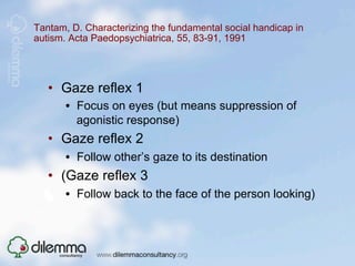 Tantam, D. Characterizing the fundamental social handicap in
autism. Acta Paedopsychiatrica, 55, 83-91, 1991




   •  Gaze reflex 1
       •  Focus on eyes (but means suppression of
          agonistic response)
   •  Gaze reflex 2
       •  Follow other’s gaze to its destination
   •  (Gaze reflex 3
       •  Follow back to the face of the person looking)
 