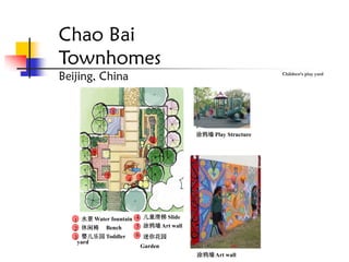 Chao Bai
Townhomes
Beijing, China                                               Children’s play yard




                 1


                                        涂鸦墙 Play Structure
                             6

        2


             3           5
                     4




                          儿童滑梯 Slide
   1 水景 Water fountain 4
   2 休闲椅 Bench         5 涂鸦墙 Art wall
   3 婴儿乐园 Toddler      6 迷你花园
    yard
                         Garden
                                        涂鸦墙 Art wall
 