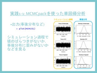 実践1-1: MCMCpackを使った単回帰分析
•出力(事後分布など)
シミュレーション過程 事後分布
シミュレーション過程で
値のばらつきがないか，
事後分布に歪みがないか
などを見る
 