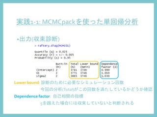 実践1-1: MCMCpackを使った単回帰分析
•出力(収束診断)
Lower bound: 診断のために必要なシミュレーション回数
今回の分析(Total)がこの回数を満たしているかどうか確認
Dependence factor: 自己相関の指標
5を越えた場合には収束していないと判断される
 