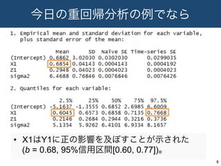 今日の重回帰分析の例でなら
•  X1はY1に正の影響を及ぼすことが示された
(b = 0.68, 95%信用区間[0.60, 0.77])。
6	
 