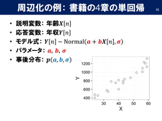 周辺化の例： 書籍の4章の単回帰
• 説明変数： 年齢𝑿 𝑛
• 応答変数： 年収𝒀 𝑛
• モデル式： 𝒀 𝑛 ~ Normal 𝒂 + 𝒃𝑿 𝑛 , 𝝈
• パラメータ： 𝒂, 𝒃, 𝝈
• 事後分布： 𝒑 𝒂, 𝒃, 𝝈
10
 