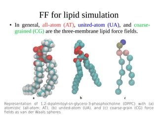 FF for lipid simulation
● In general, all-atom (AT), united-atom (UA), and coarse-
grained (CG) are the three-membrane lipid force fields.
Representation of 1,2-dipalmitoyl-sn-glycero-3-phosphocholine (DPPC) with (a)
atomistic (all-atom; AT), (b) united-atom (UA), and (c) coarse-grain (CG) force
fields as van der Waals spheres.
 