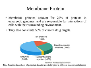 Membrane Protein
● Membrane proteins account for 25% of proteins in
eukaryotic genomes, and are responsible for interactions of
cells with their surrounding environment.
● They also constitute 50% of current drug targets.
Fig.: Predicted numbers of potential drug targets belonging to different biochemical classes
 