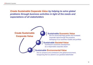 Create Sustainable Corporate Value by helping to solve global
problems through business activities in light of the needs and
expectations of all stakeholders




    Create Sustainable                    Sustainable Economic Value
                                            Aim for sound earnings growth and increased
     Corporate Value
                                            corporate value through the proactive
                                            reshaping of our business models and portfolio

                                   Sustainable Societal Value
                                     Contribute to economic development
                                     as a responsible corporate citizen

                         Sustainable Environmental Value
                          Aim to conserve and contribute to the global environment,
                          recognizing that our planet is our greatest stakeholder



                                                                                             9
 