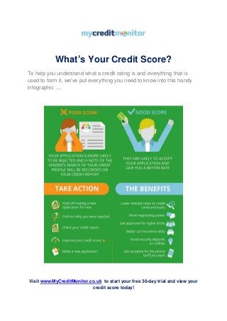 What’s Your Credit Score?
To help you understand what a credit rating is and everything that is
used to form it, we've put everything you need to know into this handy
infographic …
Visit www.MyCreditMonitor.co.uk to start your free 30-day trial and view your
credit score today!
 