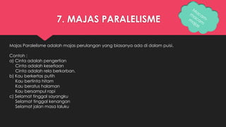 7. MAJAS PARALELISME 
Majas Paralelisme adalah majas perulangan yang biasanya ada di dalam puisi. 
Contoh : 
a) Cinta adalah pengertian 
Cinta adalah kesetiaan 
Cinta adalah rela berkorban. 
b) Kau berkertas putih 
Kau bertinta hitam 
Kau beratus halaman 
Kau bersampul rapi 
c) Selamat tinggal sayangku 
Selamat tinggal kenangan 
Selamat jalan masa laluku 
 