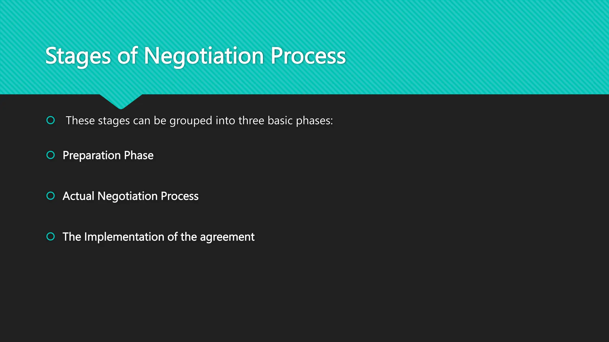Stages of Negotiation Process
 These stages can be grouped into three basic phases:
 Preparation Phase
 Actual Negotiation Process
 The Implementation of the agreement
 