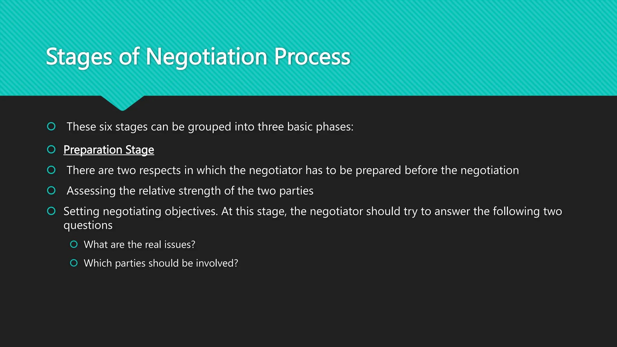 Stages of Negotiation Process
 These six stages can be grouped into three basic phases:
 Preparation Stage
 There are two respects in which the negotiator has to be prepared before the negotiation
 Assessing the relative strength of the two parties
 Setting negotiating objectives. At this stage, the negotiator should try to answer the following two
questions
 What are the real issues?
 Which parties should be involved?
 