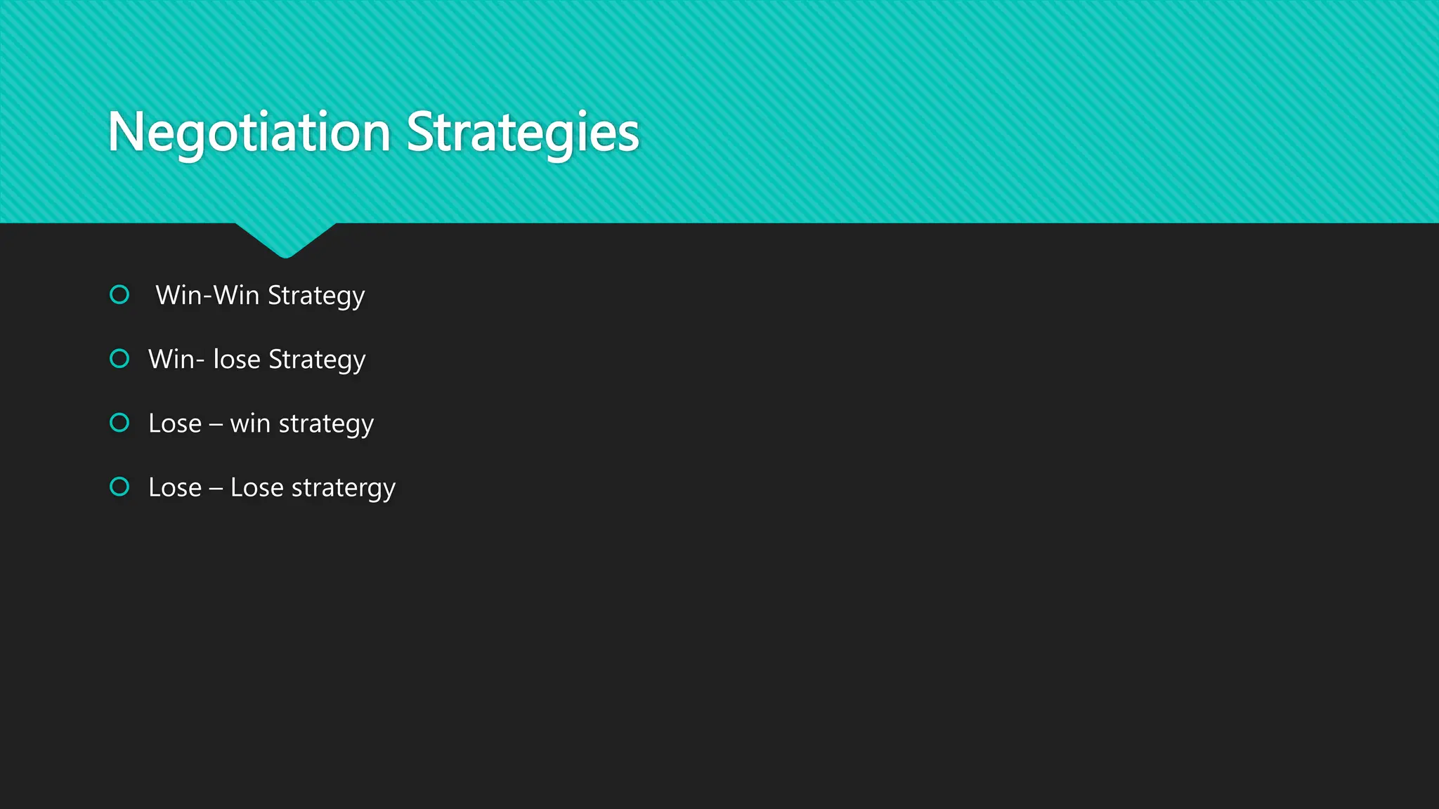 Negotiation Strategies
 Win-Win Strategy
 Win- lose Strategy
 Lose – win strategy
 Lose – Lose stratergy
 