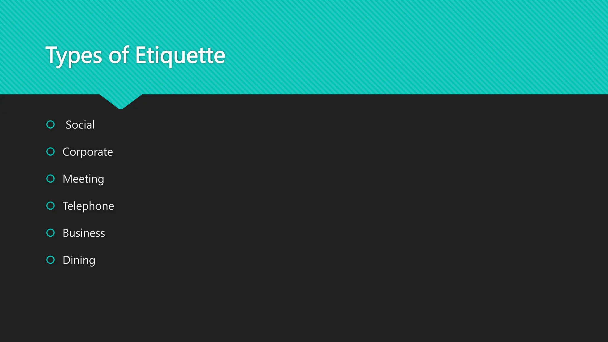 Types of Etiquette
 Social
 Corporate
 Meeting
 Telephone
 Business
 Dining
 