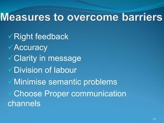 Right feedback
Accuracy
Clarity in message
Division of labour
Minimise semantic problems
Choose Proper communication
channels
15
 