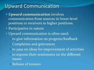 Upward Communication
 Upward communication involves
communication from sources in lower-level
positions to receivers in higher positions.
 Participative in nature
 Upward communication is often used:
 to give information on progress/feedback
 Complaints and grievances
 to pass on ideas for improvement of activities
 to express their sentiments on the different
issues
 Release of tension
 